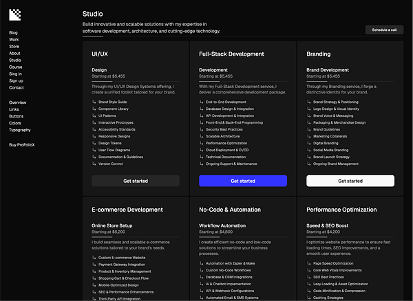 The image displays a dark-themed website layout for a studio offering various digital services.