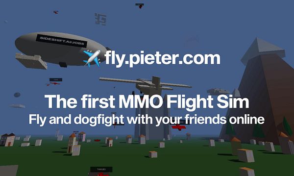 A promotional image for an online flight simulation game featuring various flying objects and a colorful landscape.