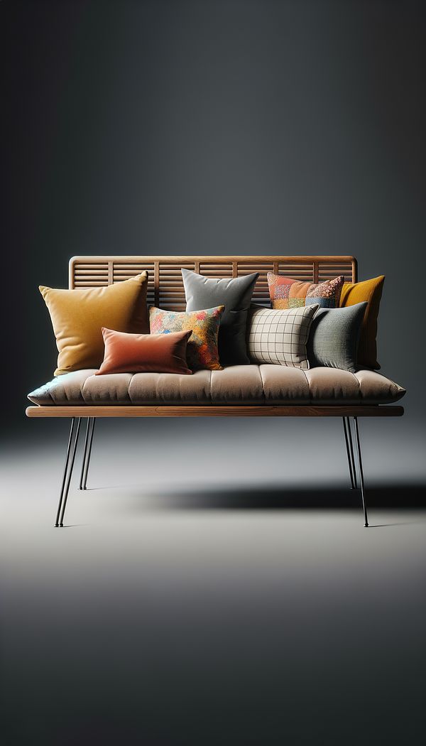 A stylish wooden bench with metal legs placed in a modern living room, with colorful cushions for added comfort.