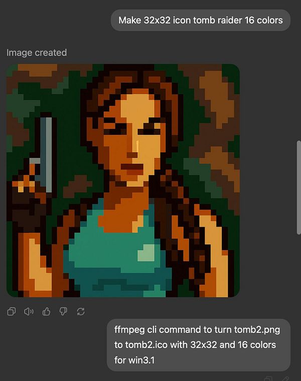 A pixel art representation of a character holding a gun, designed as a 32x32 icon for Windows 3.11.
