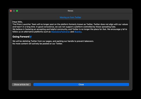 A message from the Prism Launcher Team announcing their departure from Twitter.
