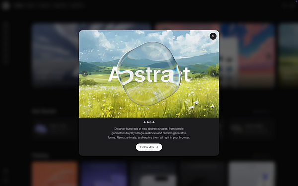 A modal window showcasing an abstract design with a vibrant landscape background.