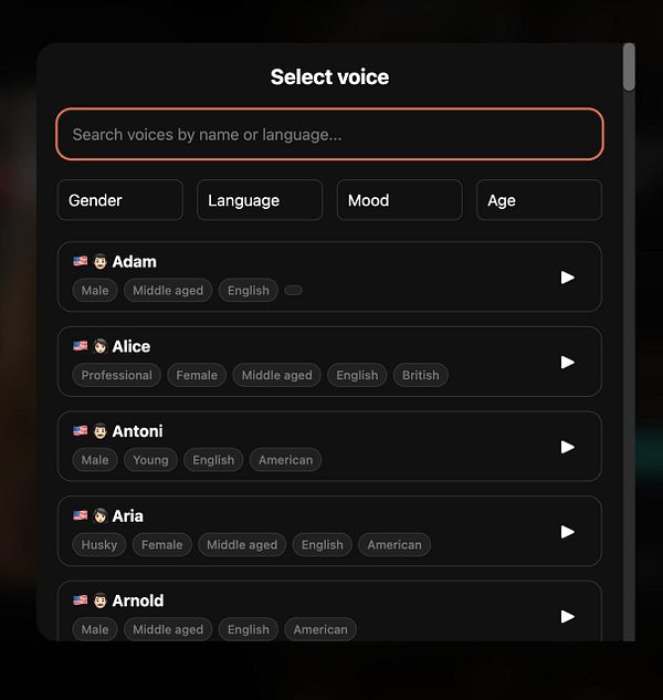 The image displays a voice selection modal with various voice options and a search bar.