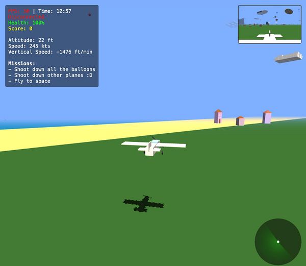 Screenshot of a 3D modeling software interface showing a low-polygon aircraft model on a gray plane with shadow, surrounded by multiple control panels and toolbars.