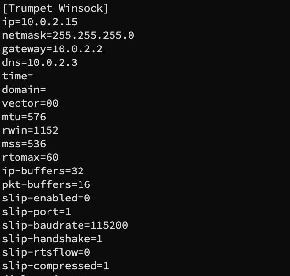 The image displays a configuration file for Trumpet Winsock with various network settings.
