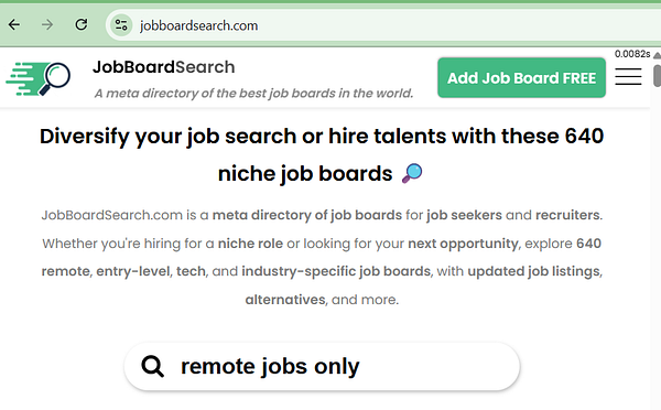 The image displays a webpage for JobBoardSearch, a directory of niche job boards.