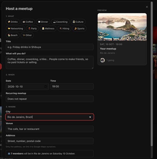 A dark-themed webpage form interface for hosting a meetup with various fields and a preview panel showing the meetup summary and image.