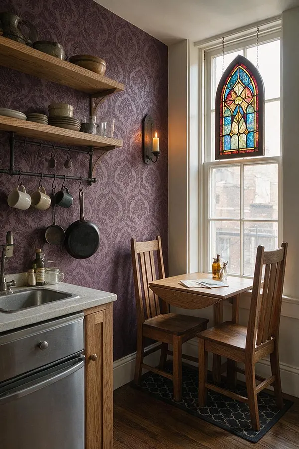 A small studio apartment kitchen nook with dark purple damask wallpaper, open wood shelves, hanging cookware, and a tiny wooden dining set by a bright window. A pointed stained-glass panel in the window adds a Gothic focal point, while a candle sconce and dark patterned rug deepen the moody atmosphere.