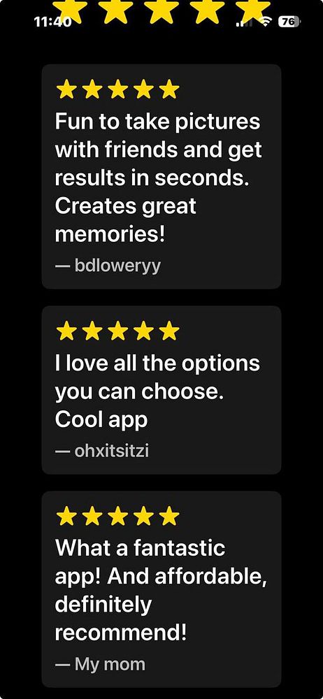 The image displays a series of app testimonials with star ratings on an iPhone interface.