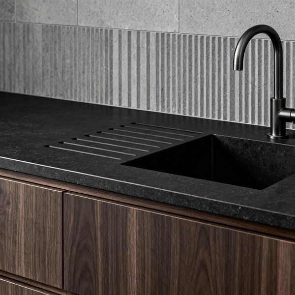 Close-up of a minimalist kitchen sink area with flat-front walnut base cabinets supporting a honed black quartz countertop. The integrated square sink has carved drain grooves beside a matte black gooseneck faucet, and the backsplash features light gray porcelain tiles, with a band of vertically fluted pieces beneath smooth slabs, creating subtle texture and tonal contrast.