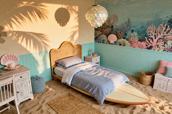 A sunlit kids' bedroom in coastal style features a rattan bed with blue striped bedding, its foot extending over a surfboard. Seafoam-green beadboard wraps the room beneath an underwater coral reef mural. A capiz shell pendant hangs above whitewashed nightstands and a desk. The floor is layered with beach sand and a narrow jute rug, with woven baskets, a knitted pouf, and shell accessories completing the scene.