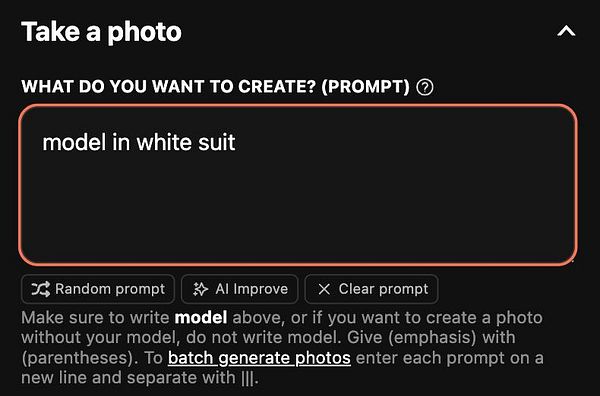 The image displays a user interface for a photo generation tool with a prompt input section.