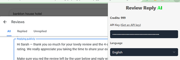 The image displays a user interface for managing reviews with a credit system and an AI tool for replying to reviews.