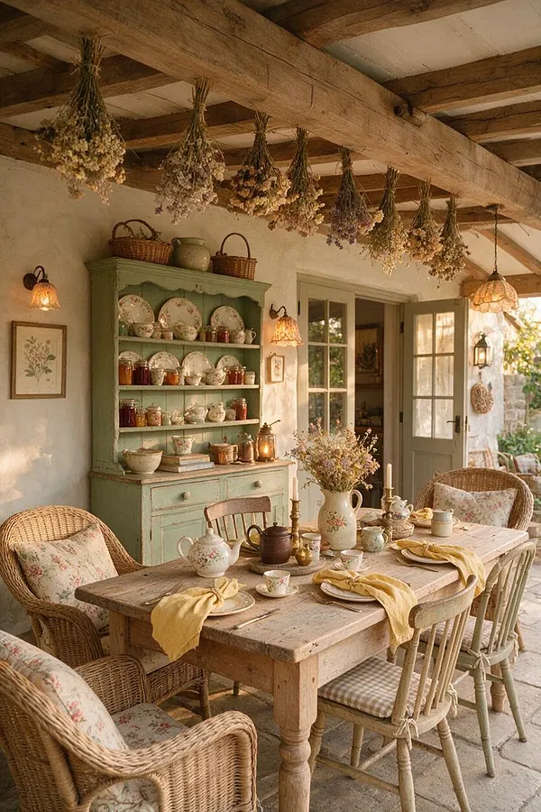 A cozy cottagecore patio with a weathered wooden dining table, wicker armchairs with floral cushions, and painted green shelving filled with dishes and jars. Dried flower bundles hang from exposed beams overhead, while soft lantern-style lights and muted cream walls create a warm, nostalgic outdoor dining space.
