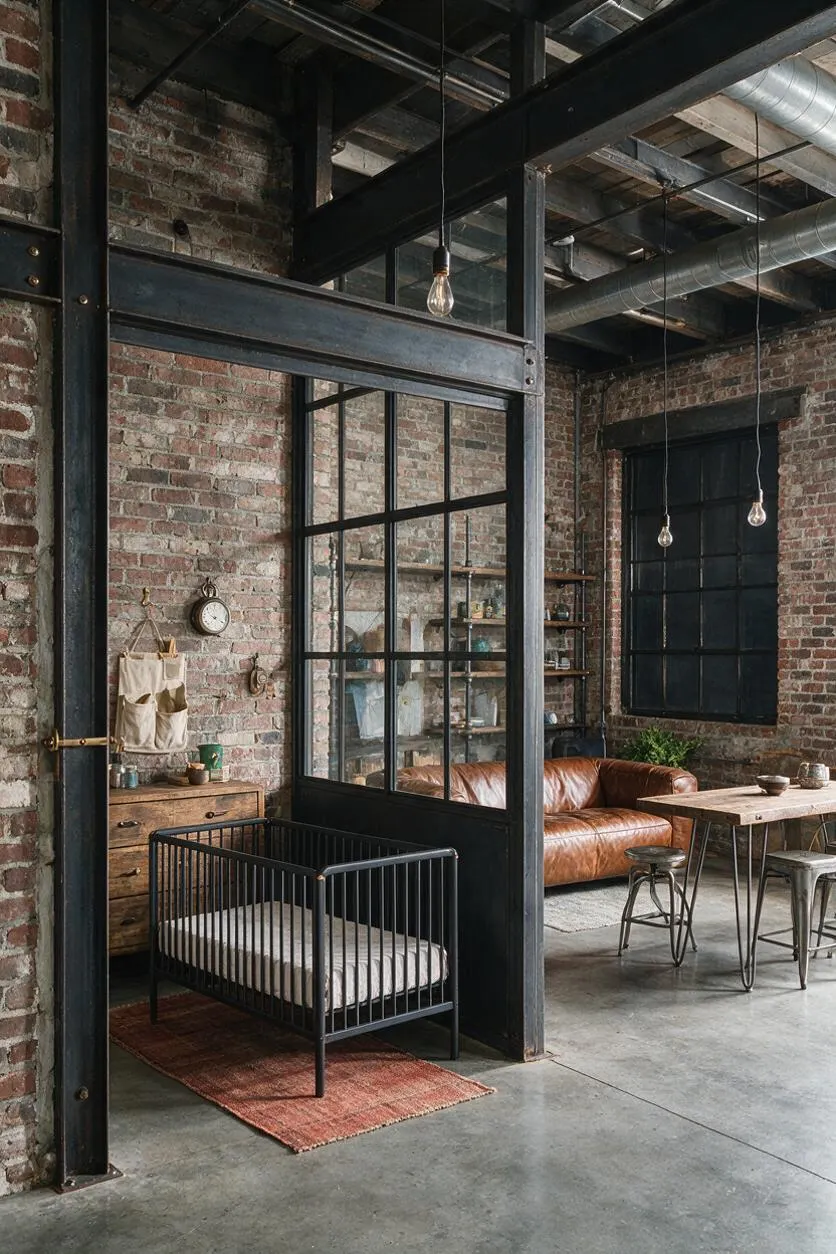 A nursery corner in an industrial loft with exposed brick walls, black steel framing, and a minimalist black crib on a small rust-colored rug. Nearby are a vintage wood dresser, hanging pendant bulbs, a leather sofa, and a rustic table with metal stools beneath visible ductwork and beams.
