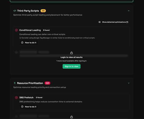 The image displays a user interface for optimizing third-party scripts and resource prioritization.