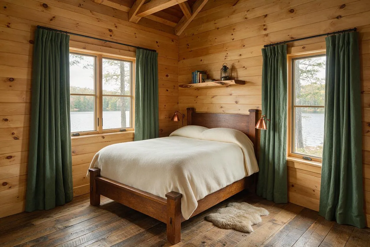 A rustic master bedroom with knotty wood-paneled walls and ceiling, a dark wood bed dressed in cream bedding, and green curtains framing two windows that look out onto a lake. The room includes a wood floor, a small wall shelf with books and a lantern, copper reading lamps, and a sheepskin rug beside the bed.