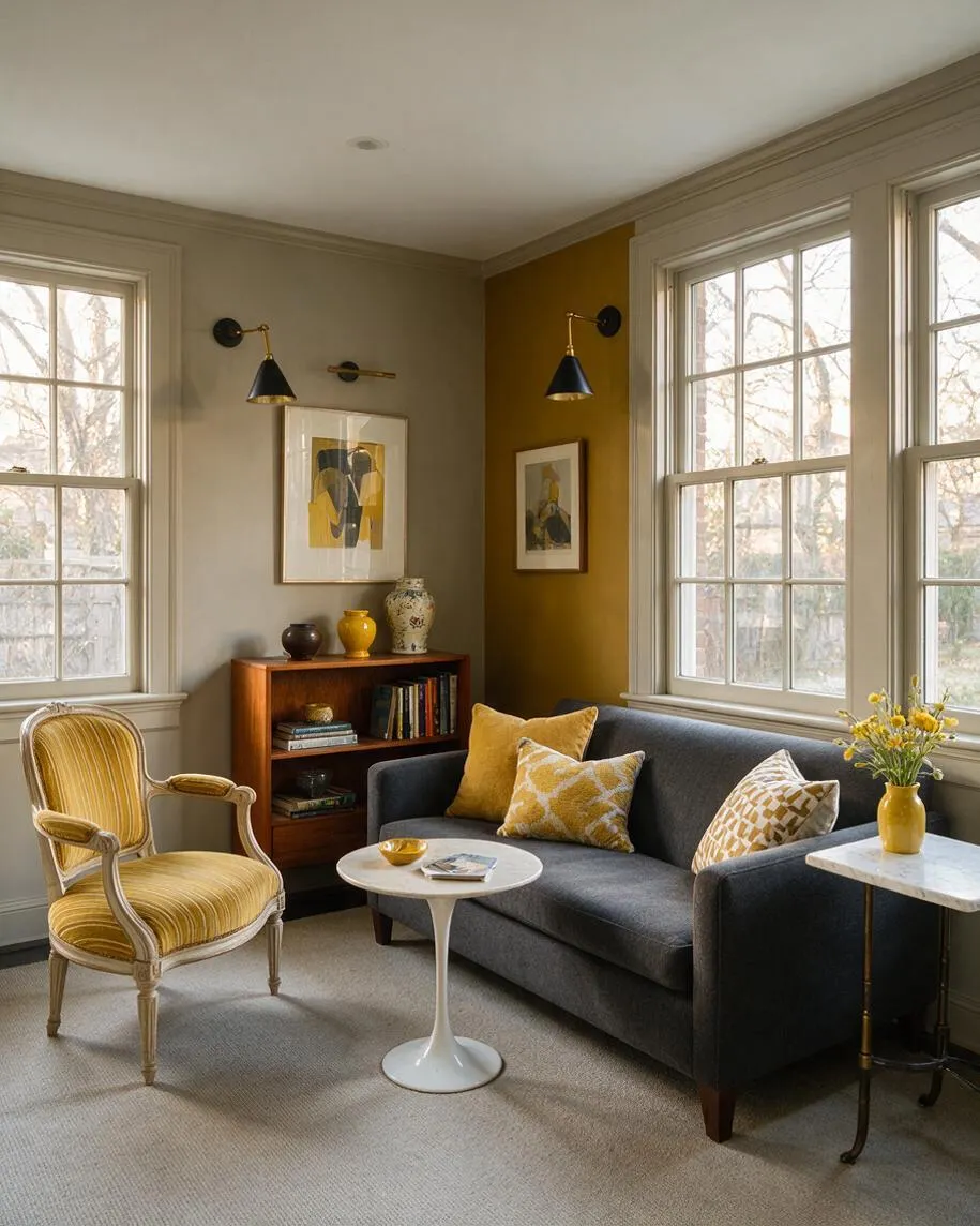 A bright eclectic sunroom with large white-trimmed windows, a charcoal gray sofa, a mustard yellow accent wall, and a vintage striped armchair. The room includes a small white pedestal table, a wooden bookcase, black-and-brass wall sconces, framed art, and yellow floral decor.