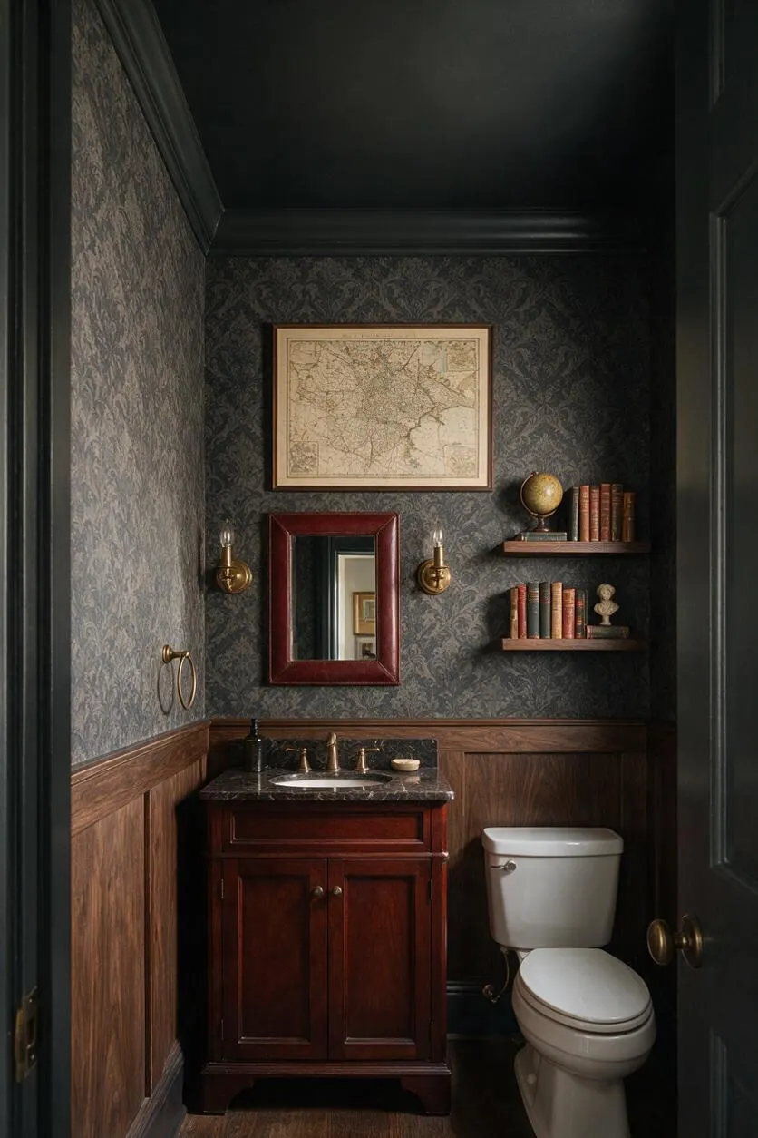 A narrow powder room designed in Dark Academia style with dark patterned wallpaper, black painted trim, and walnut wainscoting. A burgundy-framed mirror hangs above a dark wood vanity with a black stone countertop and brass faucet, while wall sconces, floating shelves with books and a globe, and a framed map complete the scholarly atmosphere.