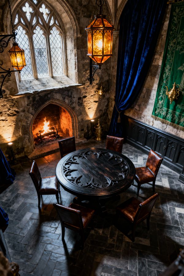 A moody Gothic dining room features a round, dark-carved table with six brown leather chairs near a blazing stone fireplace. Tall lancet windows with leaded glass, deep blue velvet curtains, black paneled wainscoting with pointed-arch motifs, and a green heraldic tapestry line rough limestone walls, while amber brass-and-iron lanterns glow above a charcoal slate herringbone floor.