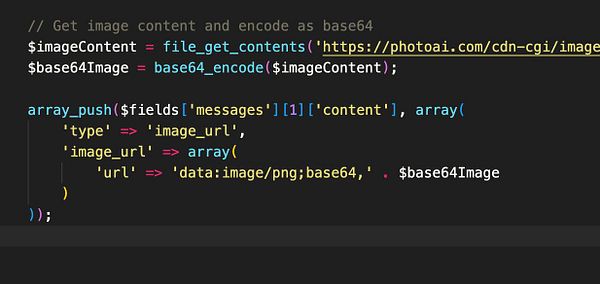 The image displays a code snippet for encoding image content to base64 format for submission to the OpenAI API.