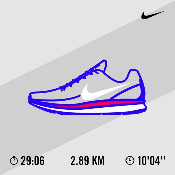 The image displays a stylized running shoe alongside running statistics.