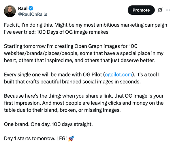 A promotional tweet announcing a marketing campaign for 100 days of Open Graph image remakes.