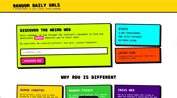 The image displays a colorful webpage promoting a service that curates random websites.