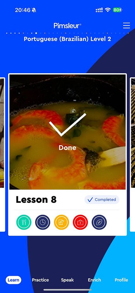 The image displays a completed lesson from the Pimsleur language learning app for Brazilian Portuguese.