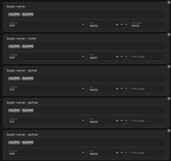 The image displays a configuration interface for setting up multiple Quake 1 servers with specified protocols and ports.