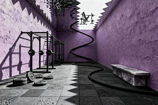 An elongated home gym features rough lavender plaster walls, a charcoal stone-tile floor, and a matte-black steel power rack with barbells and scattered cast-iron plates. A thick black battle rope snakes through the center toward a reflective, liquid-like ceiling where an upside-down weight bench hovers, while a low white-gray marble bench sits to the right under sharp zigzag shadows.