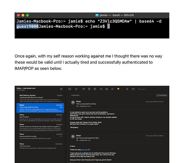 A terminal command and an email interface displaying a conversation about email authentication and vulnerabilities.