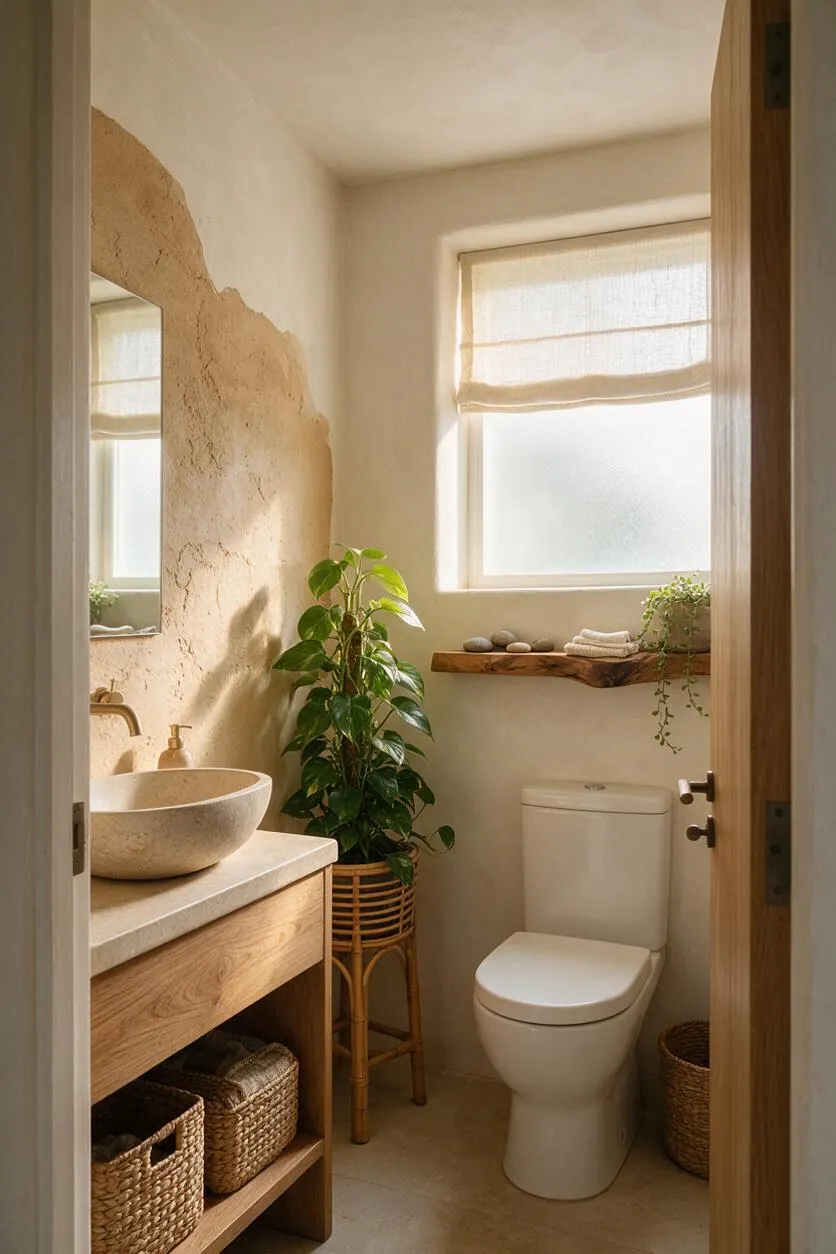 A small powder room with a natural stone vessel sink on a light wood vanity, a textured plaster wall, and a potted plant beside the toilet. A wood shelf, woven baskets, and soft beige tones create a calm biophilic feel with daylight filtering through a window blind.