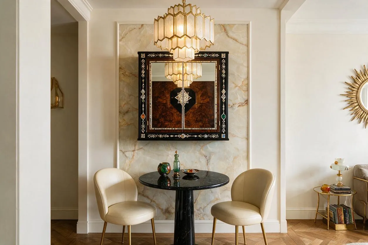 A refined studio apartment sitting nook features two cream upholstered chairs around a small black pedestal table, set against a marble-look wall panel with an ornate black mirrored centerpiece. A tiered geometric chandelier hangs above, while gold accents, herringbone wood flooring, and a sunburst mirror add classic Art Deco glamour.