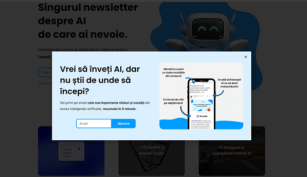 A desktop popup promoting an AI newsletter subscription.