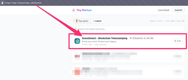 A dashboard interface displaying TinyStartups' Blockchain Timestamping feature with statistics and a voting button.