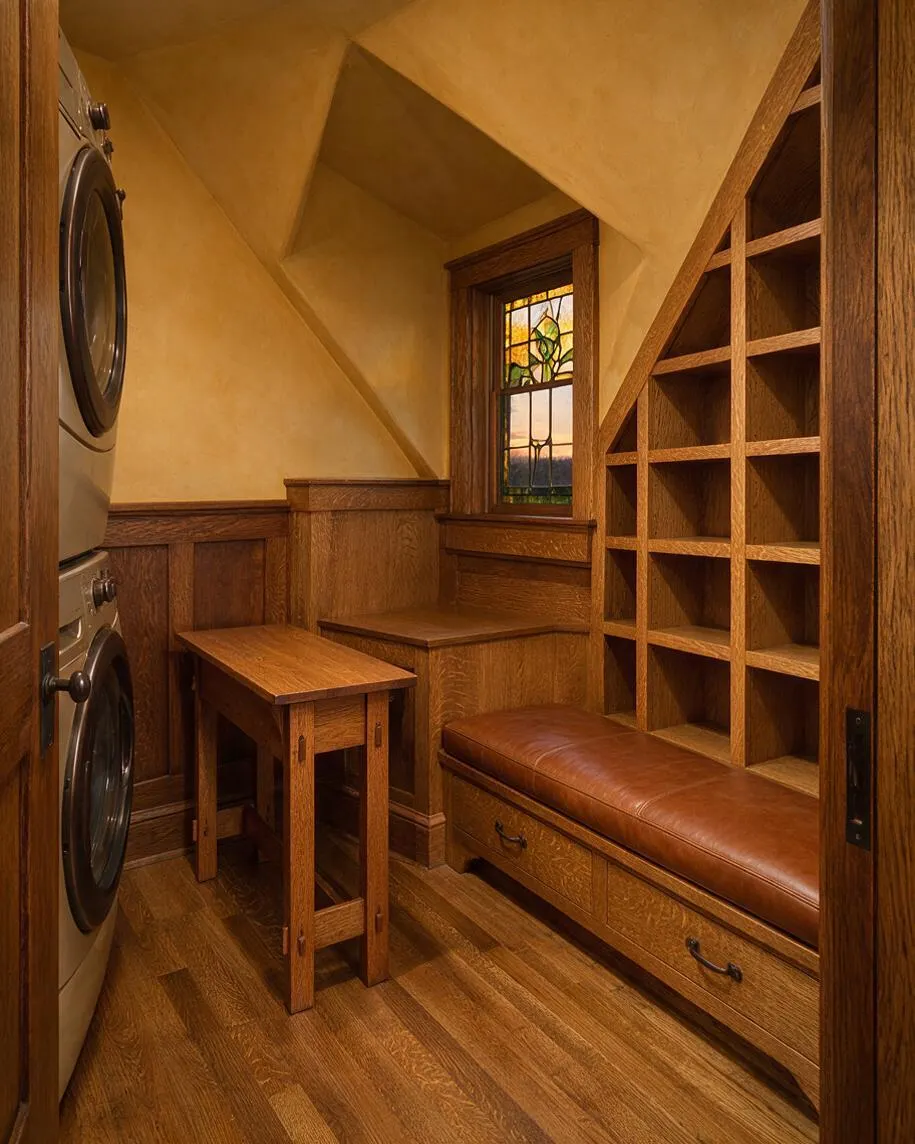 A narrow Craftsman-style laundry room with stacked front-loading washer and dryer on the left, warm wood paneling, and a small wooden utility table. On the right is a built-in bench with a leather cushion and open cubby shelves above and beside it. A stained-glass window adds decorative light, and the room features angled ceiling lines and rich wood flooring.