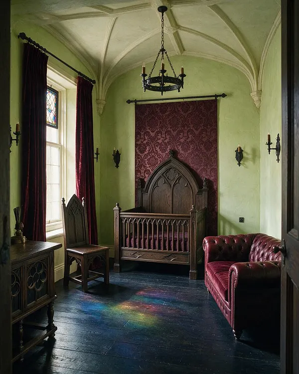 A small Gothic-style nursery with a carved wooden crib centered against a burgundy damask wall panel, lime-green plaster walls, and a vaulted ceiling with ribbed arches. Deep red velvet curtains frame a tall window, while a tufted burgundy leather settee, dark wood furniture, wrought-iron wall sconces, and a black chandelier complete the dramatic look.