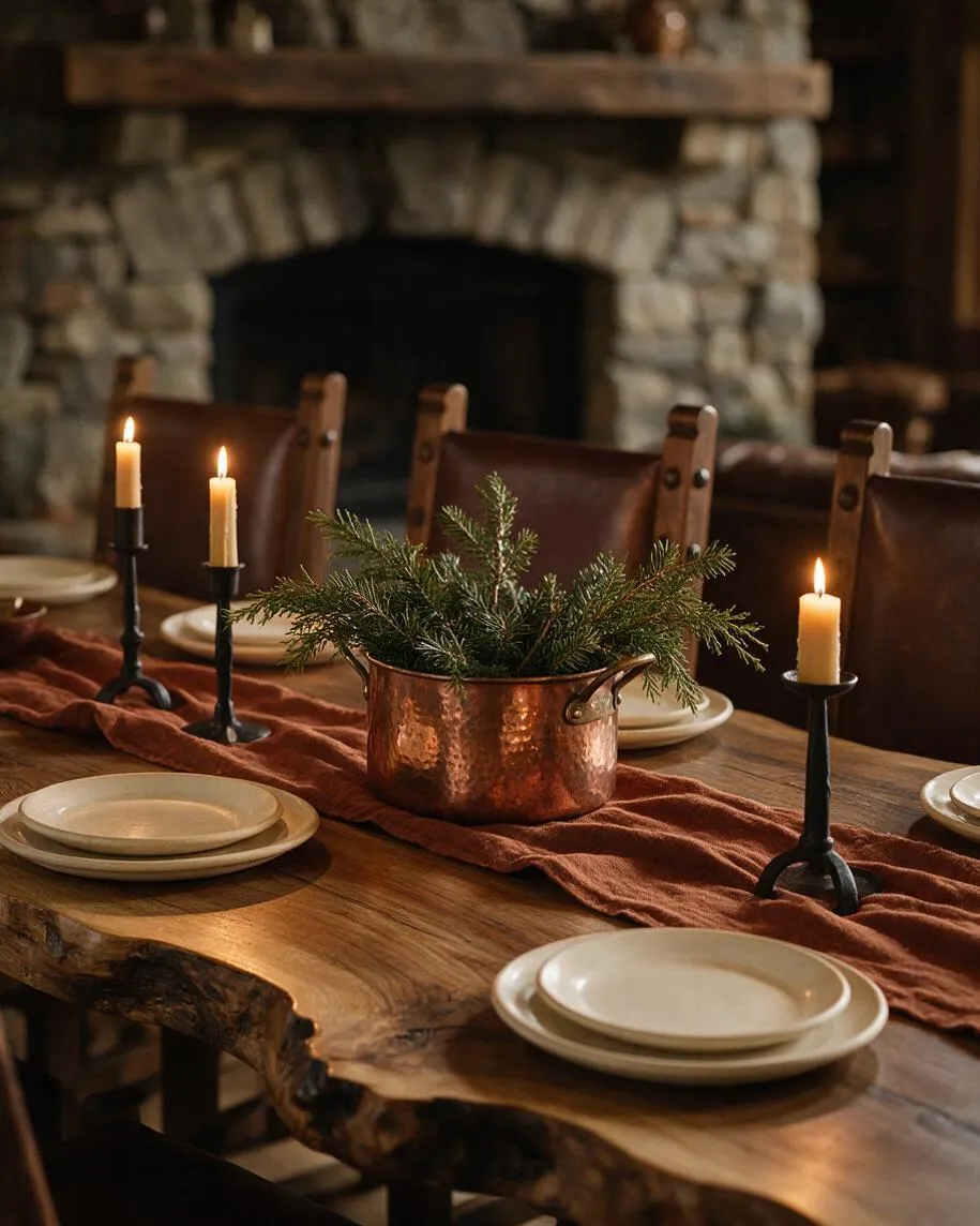 A rustic dining table is set with cream plates, black candlesticks, and a copper pot filled with evergreen branches. Behind it, leather-backed chairs sit in front of a stone fireplace, creating a warm, cozy atmosphere.