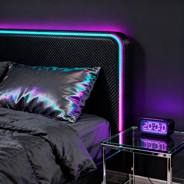 A close-up of a cyberpunk-inspired bedroom shows a black carbon-fiber textured headboard edged with cyan and magenta LED strips that cast a purple glow on a dark wall. The bed is dressed in matte black bedding and a shiny, iridescent pillow that reflects teal and pink. Beside the bed sits a glass nightstand with a chrome frame, holding a digital alarm clock with violet numerals reading 20:00; cables are visible beneath.