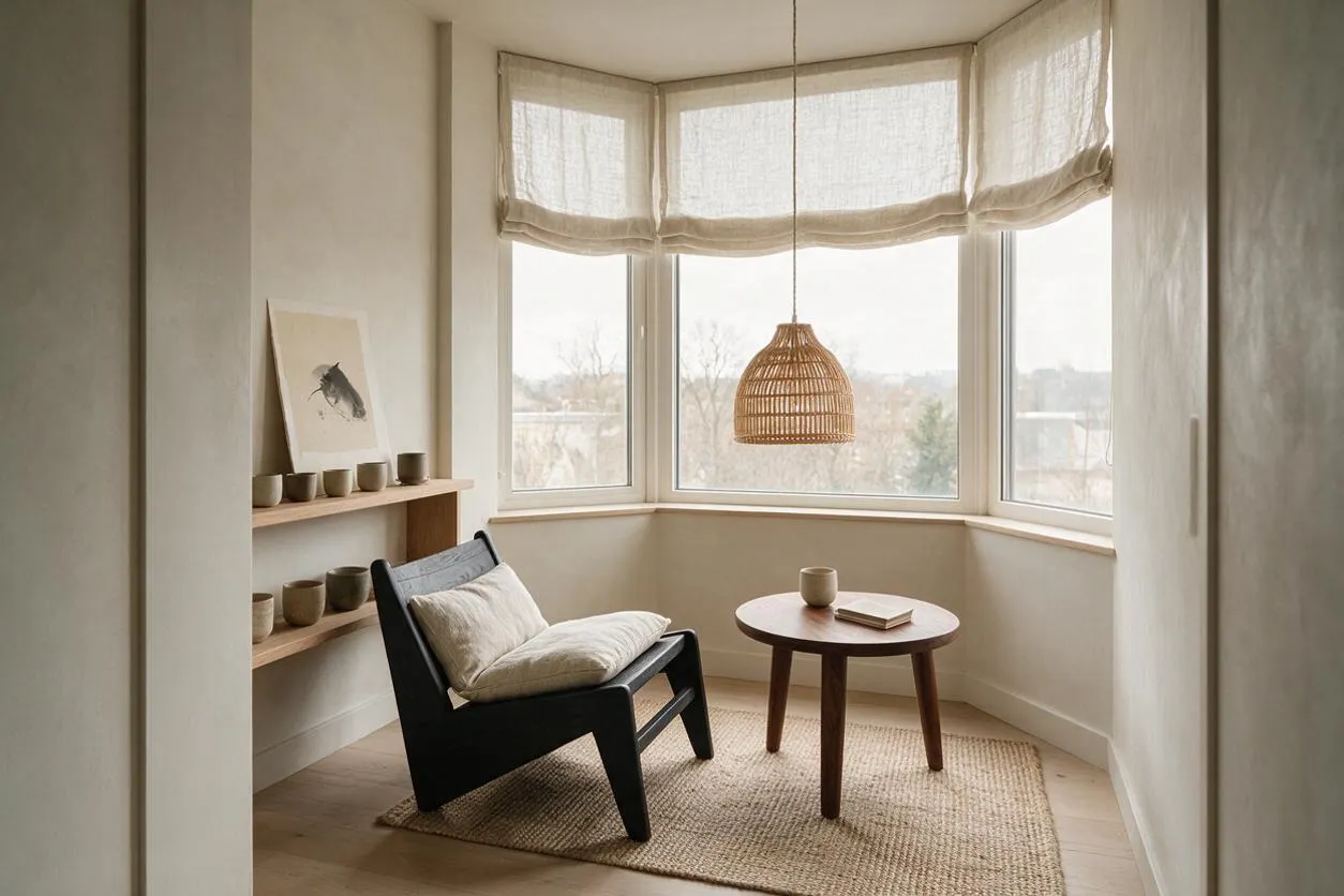 A bright sunroom with a bay window dressed in soft linen Roman shades, a woven rattan pendant light, and a minimalist black lounge chair with a cream cushion. A small round wooden table sits on a textured natural rug, while simple wood shelves display ceramic cups and artwork on the left wall.