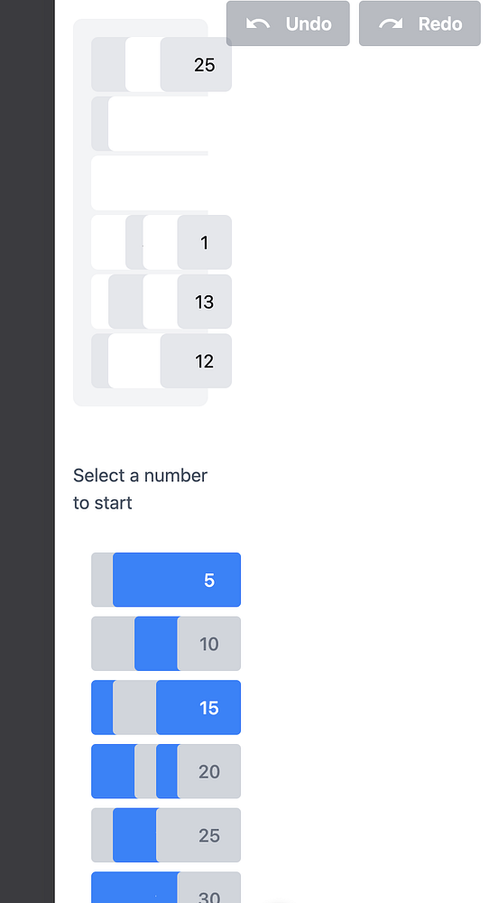 The image displays a user interface for selecting numbers with options for undoing and redoing actions.