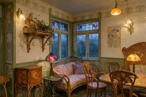A cozy Art Nouveau sunroom with curved wooden furniture, floral upholstery, and decorative stained-glass transom windows. The cream walls are trimmed in sage green and adorned with botanical motifs, while amber and purple lamps cast a warm, intimate glow.