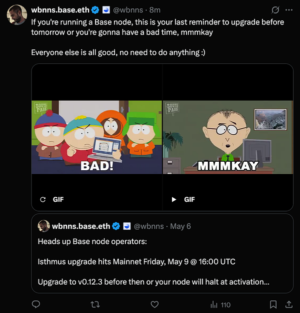 The image features a humorous reminder for Base node operators to upgrade their software before a hard fork, using scenes from the animated show South Park.