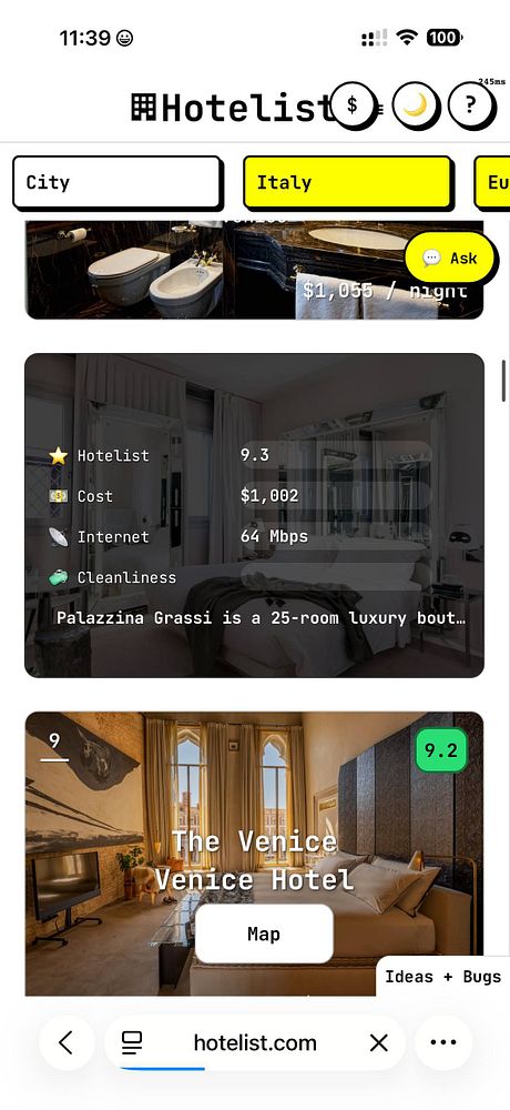 Mobile screenshot of the HotelTonight app showing the Hotels section with a 'Request a free upgrade!' banner and a Resort Deals button.