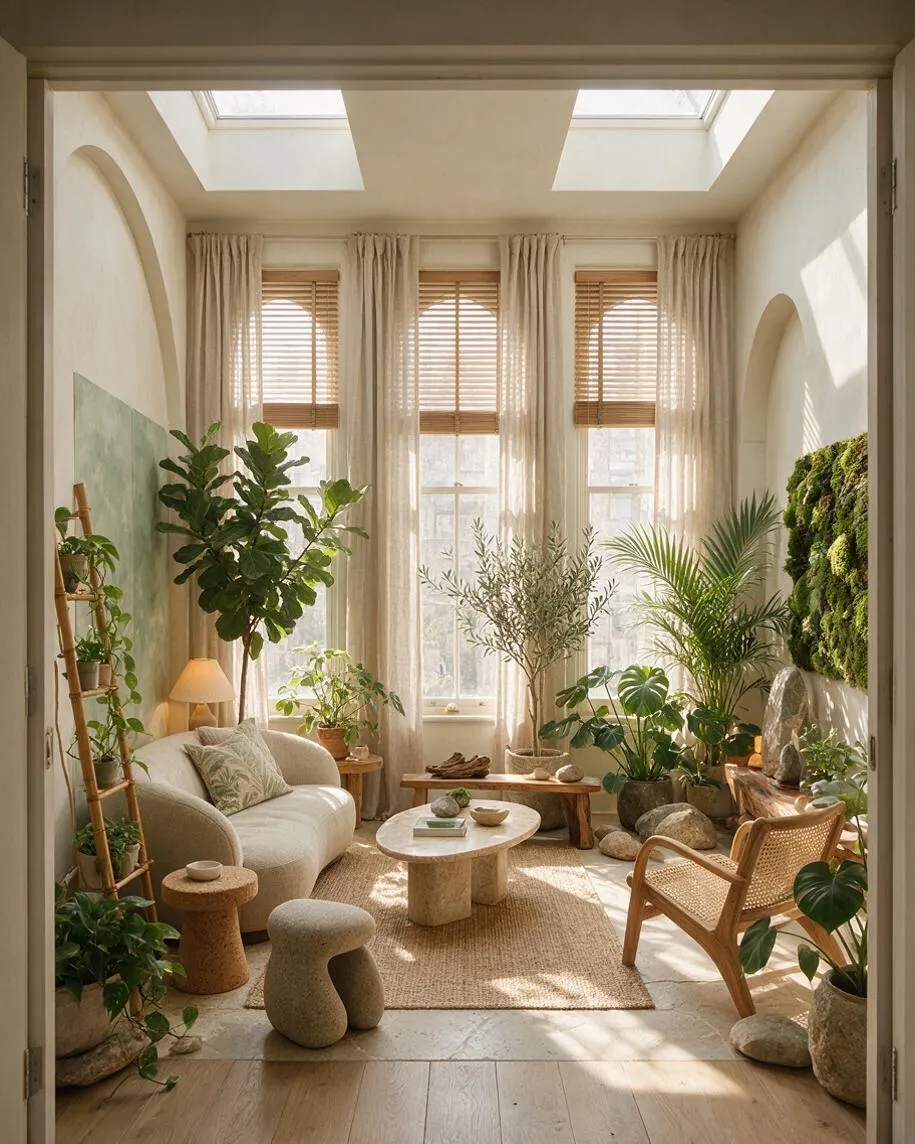 A bright sunroom with tall windows, sheer curtains, and bamboo blinds, filled with large potted plants and natural textures. The space features a curved sofa, woven chair, stone-like tables, a jute rug, and a moss wall with a small water feature, creating a calm indoor garden atmosphere.