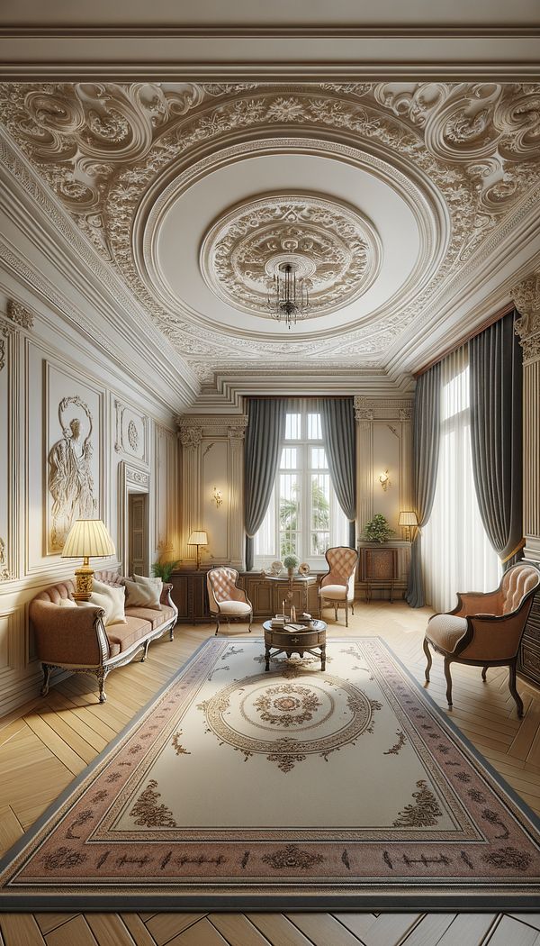 A well-lit interior room depicting the Adam Style, with classical furniture, intricate ceiling plasterwork, and light colored walls adorned with classical motifs.