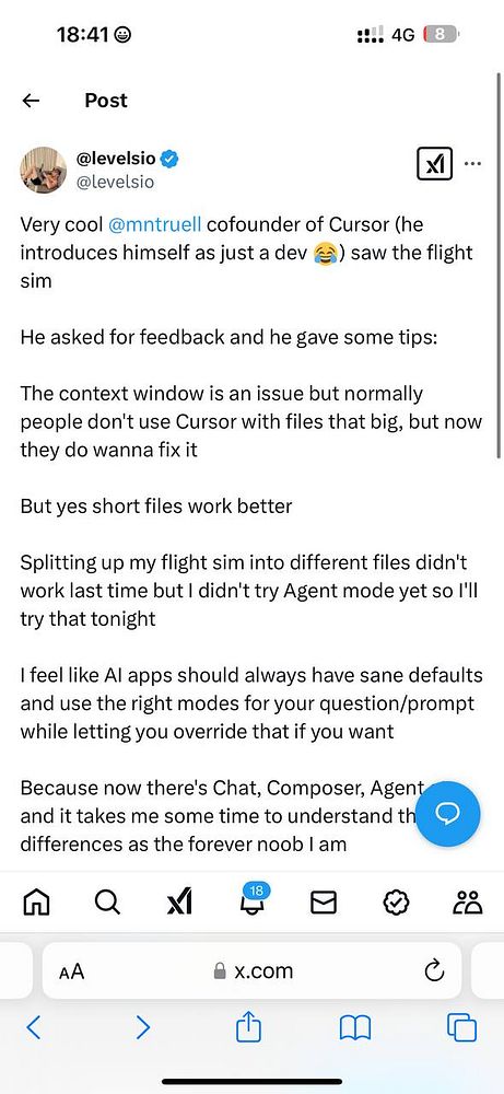 A Twitter post discussing feedback on a flight simulation tool with the cofounder of Cursor.