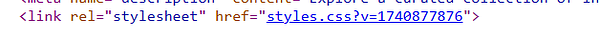 The image displays a snippet of HTML code related to a webpage's metadata and stylesheet link.