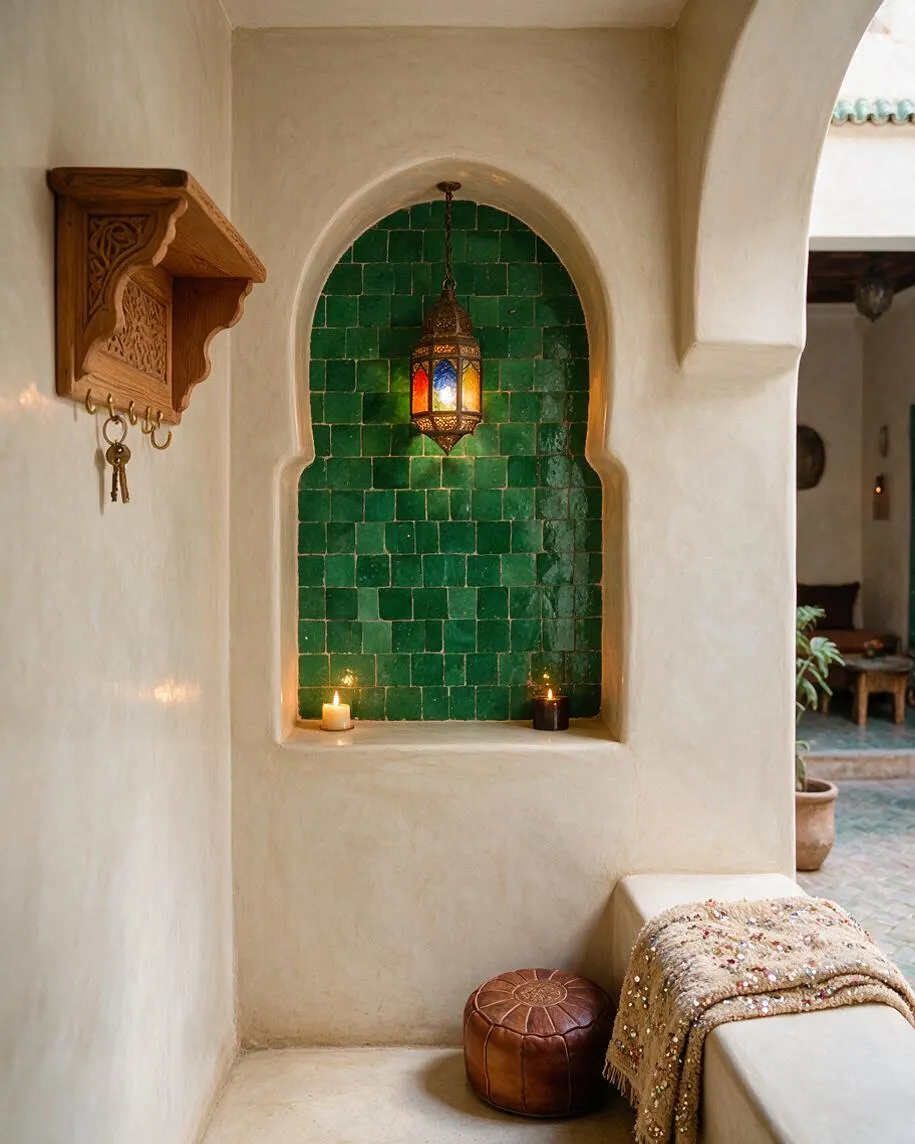 A Moroccan-style entryway with smooth plaster walls and a recessed horseshoe-shaped niche lined in glossy green tiles. A colorful hanging lantern glows above two candles, while a carved wooden wall shelf, leather pouf, and beaded textile on a built-in bench add warmth and texture.